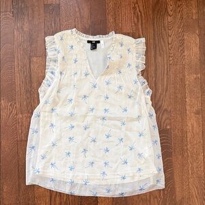 H&M Cream Sleeveless V-Neck Top with Light Blue Palm Motif